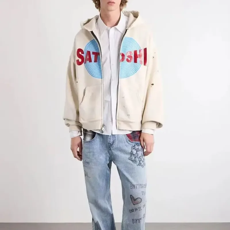 New Arrival Satoshi Zip Hoodie Destroyed Hole Design Loose Cotton Casual Outdoor Jacket Tops