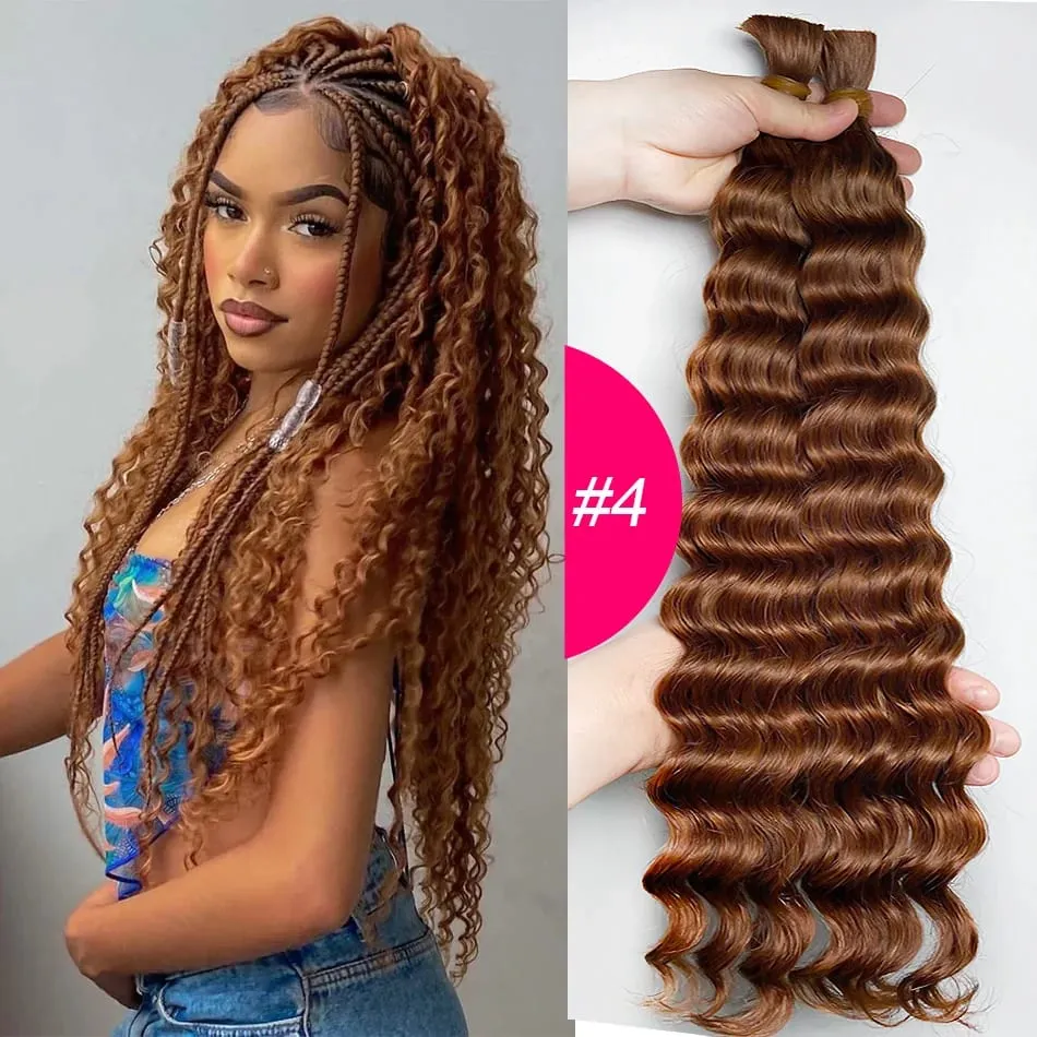 4# Chocolate Brown Deep Wave Bulk Human Hair for Boho Braids Curly Braiding Hair 18-30 inch Remy Hair Bundle Brazilian — image 11