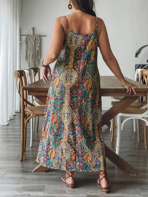 2026 Summer Women Bohemian Paisley Print Spaghetti Strap Maxi Dress Loose Flowy Pocket Long Dress Vintage Ethnic Beach Vacation