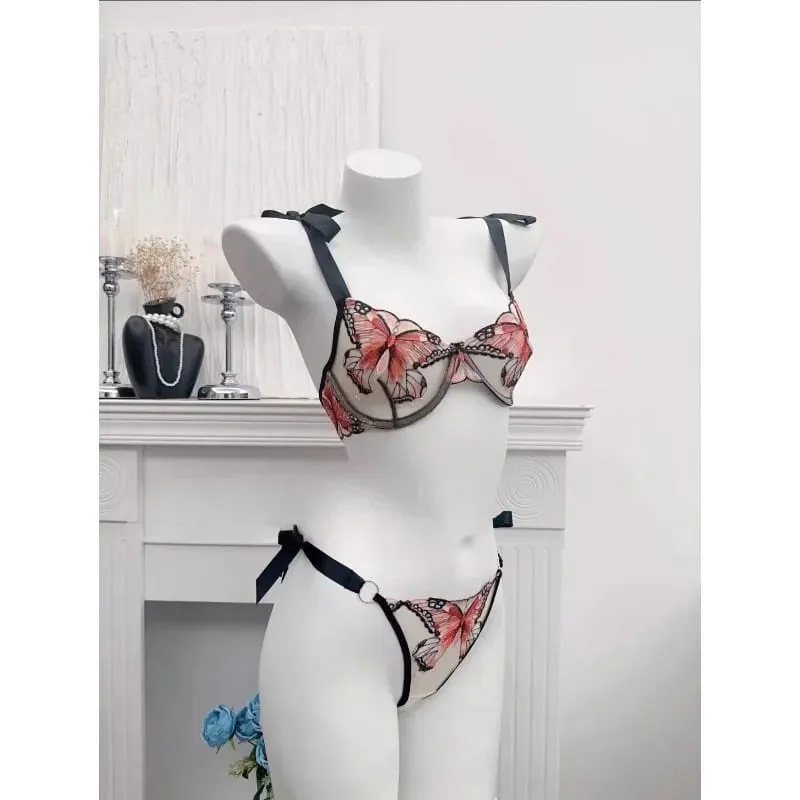 Reggente Pizzo Francese Farfalla Rete Trasparente Spalline Elastiche Senza Spugna Set Intimo S-XL Nuovo Morbido — image 4