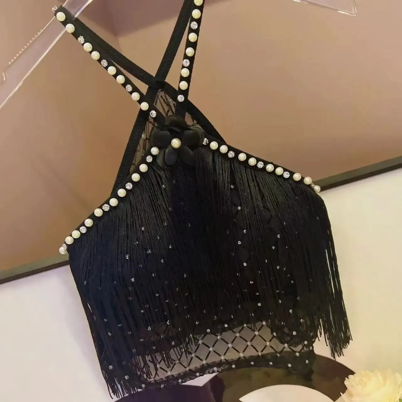 Decorative Halter Top with Padded Cups Long Tassel Pearl Sparkling Diamond Retro Millennial Style Sexy Halter