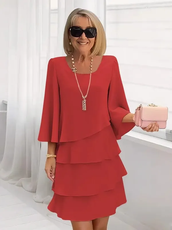 Women's Fashion Cake Skirt 3/4 Bell Sleeve Crewneck Tiered Layered Flowy Dress Party Wedding Outfits — image 4