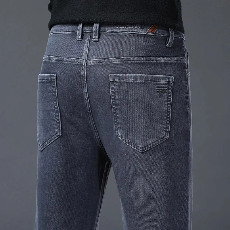 Classic Straight Men's Stretch Jeans Lyocell Cotton Comfortable Soft Casual Denim Pants Spring Business Work Gray Trousers
