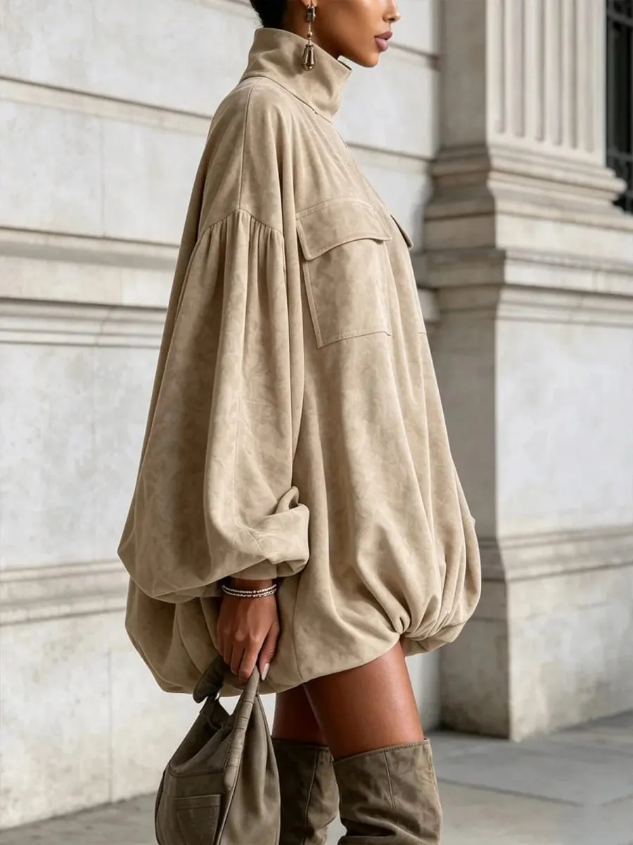 Pakaian Mini Turtleneck Musim Gugur Musim Gugur Wanita Tanglung Elegan Lengan Panjang Longgar Pakaian Pendek Lurus Pakaian Streetwear Kasual — image 2