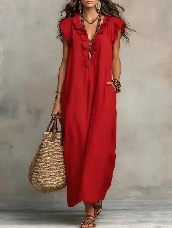 2026 Summer Women Boho Cotton Linen Maxi Dress Solid Color Ruffle V Neck Sleeveless Loose Long Dresses With Pockets Casual Beach — image 8