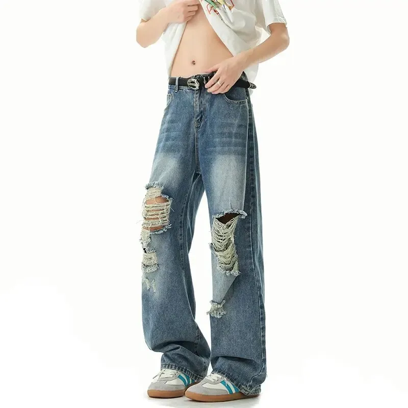 New Spring/Autumn Fashion Solid Color American Retro Straight Leg Ripped Jeans Men's Casual Loose Fit Sports High Quality Jeans
