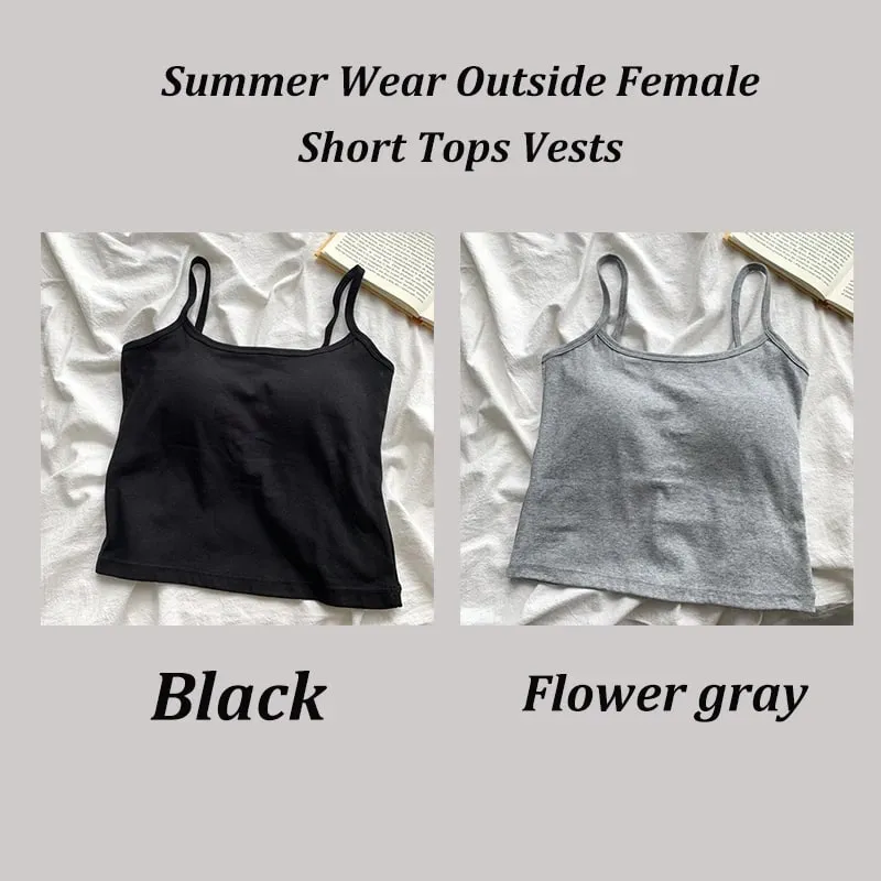 2PCS/SET Women's Basic Cotton Camisole madam Solid Color Spaghetti Straps Sleeveless Slim Vests Breathable Short Sleeveless Tops
