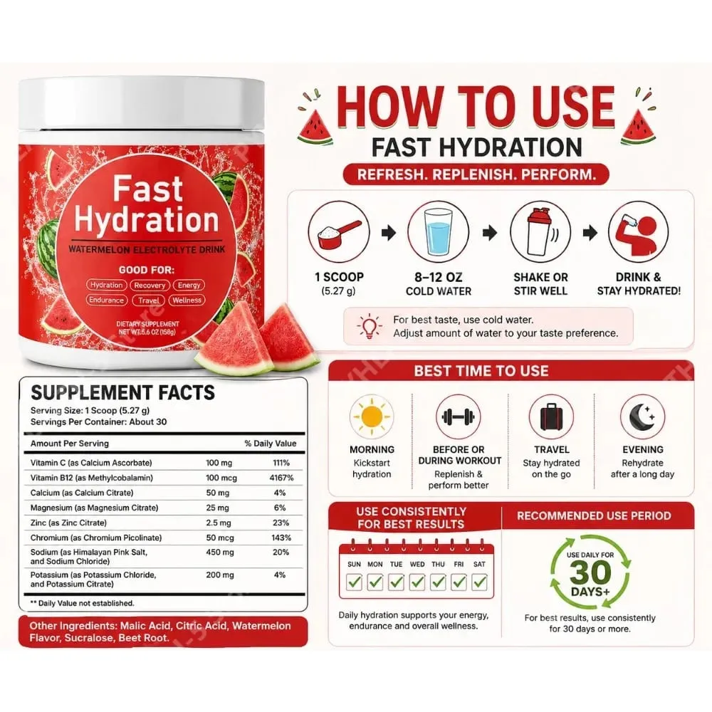 Watermelon Electrolyte Drink Powder with Sodium Potassium Magnesium Calcium Vitamin C B12 30 Servings Daily Hydration Support — image 7