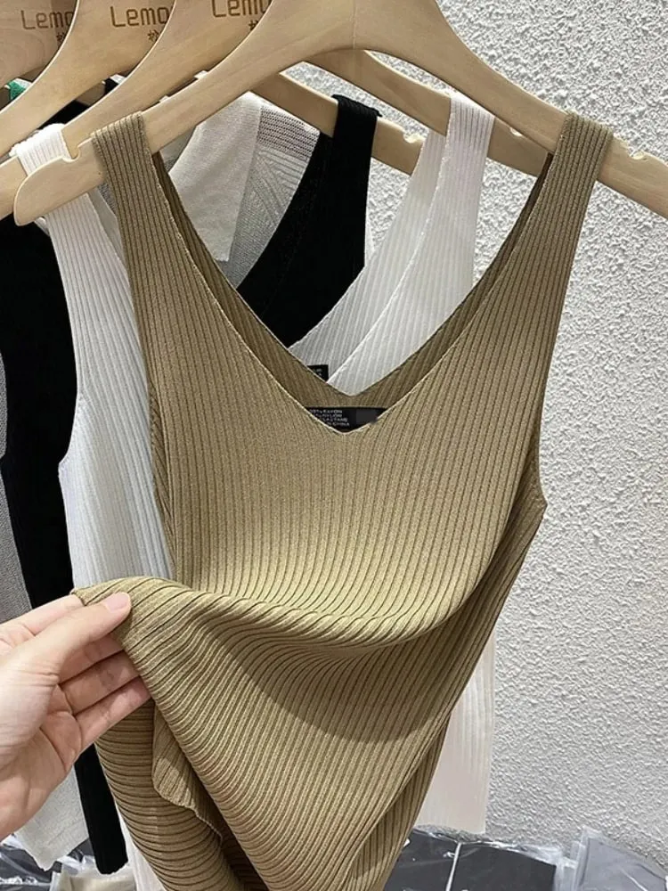 Zjaiss 2026 Summer Fashion Women Camisole Ice Silk Knit Tank Top Slim Fit Sleeveless Base Top Solid Color V-Neck Crop Top — image 6