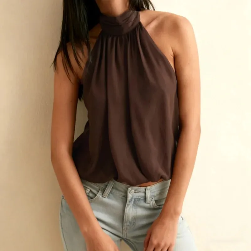 Women Puffy Halter Top Bubble Hem Pleated Halterneck Tank Top Elegant Sexy Backless Going Out Crop Camisole — image 4