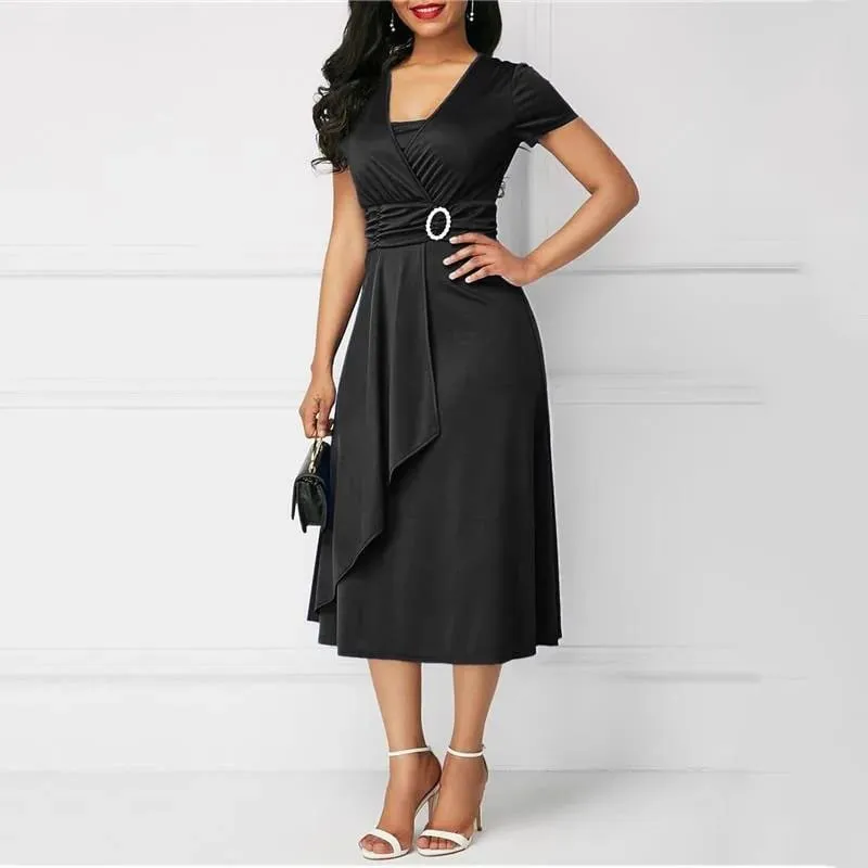 We.Fine Dress Women Solid Color Short Sleeve V Neck Asymmetric Hem Waist Midi Party Dress Elastic Female Dresses Woman Vestidos — image 5