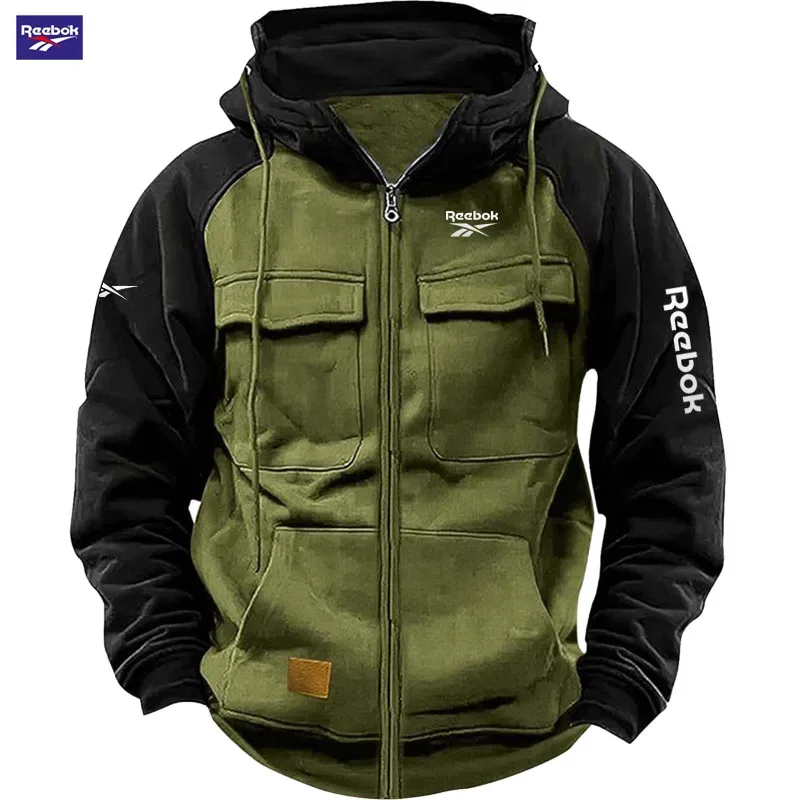 2026 Reebok New Autumn-Winter Men's Hooded Patchwork Casual Sweatshirt Loose-Fit Fashionable Youth Multi-Pocket Padded Hoodie — image 5