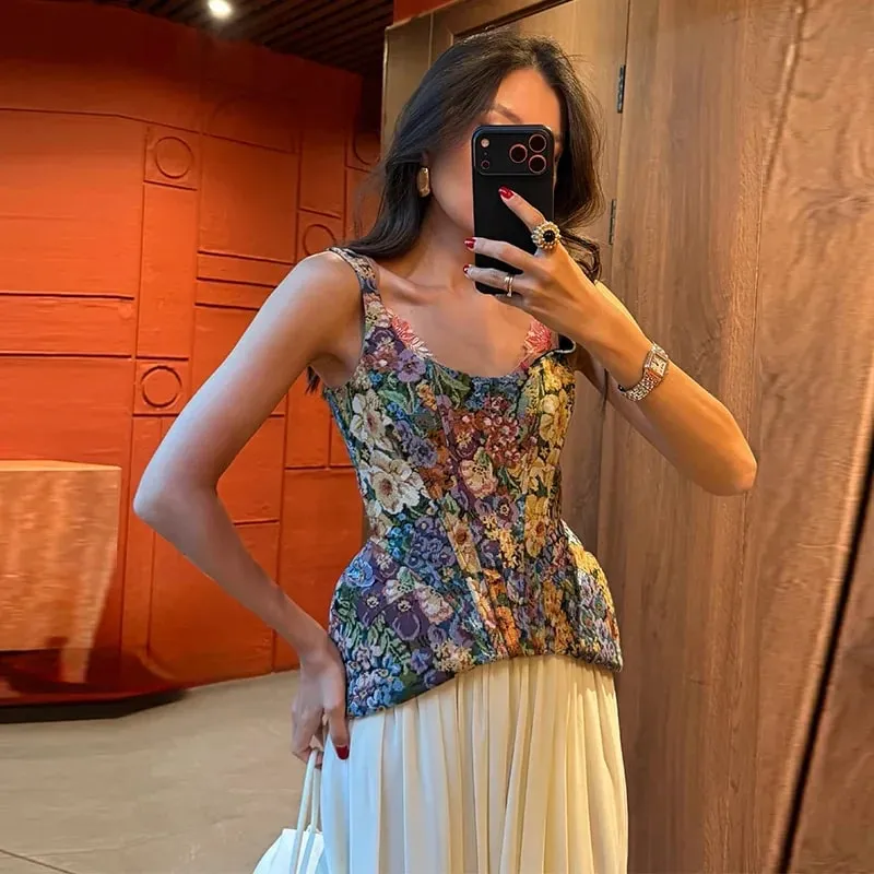 Elegant and Sexy Retro Printed Camisole Tight Corset Women's Backless Zipper Sleeveless Slim Fit High Street Party Vacation Top — image 7