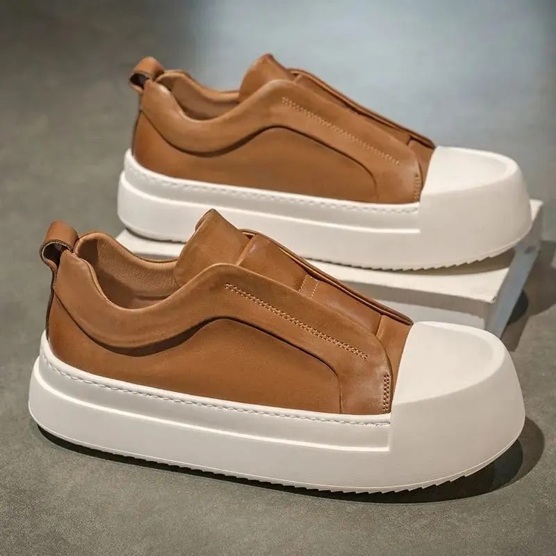 Retro brązowe buty męskie ze skóry PU lekka platforma z gumką codzienne trampki modne buty do chodzenia po ulicy wysokiej jakości — image 5