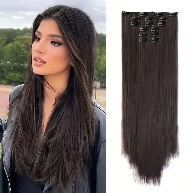 7pcs Full Head Clip-In Hair Extensions Suitable for Women - 20"/50cm Long Straight Synthetic Hair with 150g Total Volume — image 2