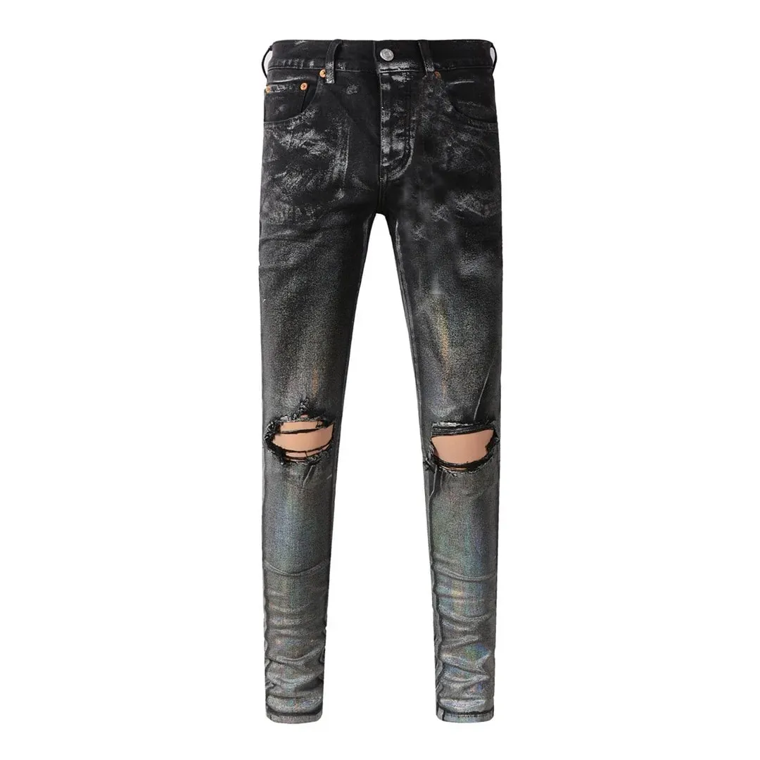 High Street Brand Men's Jeans American Distressed Coated Blank Stretch Skinny Button Fly Ripped Pants Trousers — image 13
