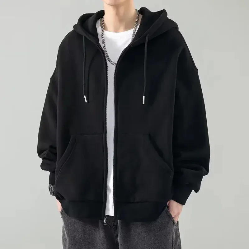 Male Clothes Black Solid Sweatshirt For Men Full Zip Up Hooded Hoodies Winter Young On Sale Offers High Quality Korean Style S — image 3