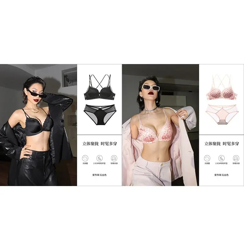 Victoria Style MOYISU Pink Leopard Wireless Bra Set Front Hook Design Push Up Bralette Sexy Back Lingerie To Boost Small Bust