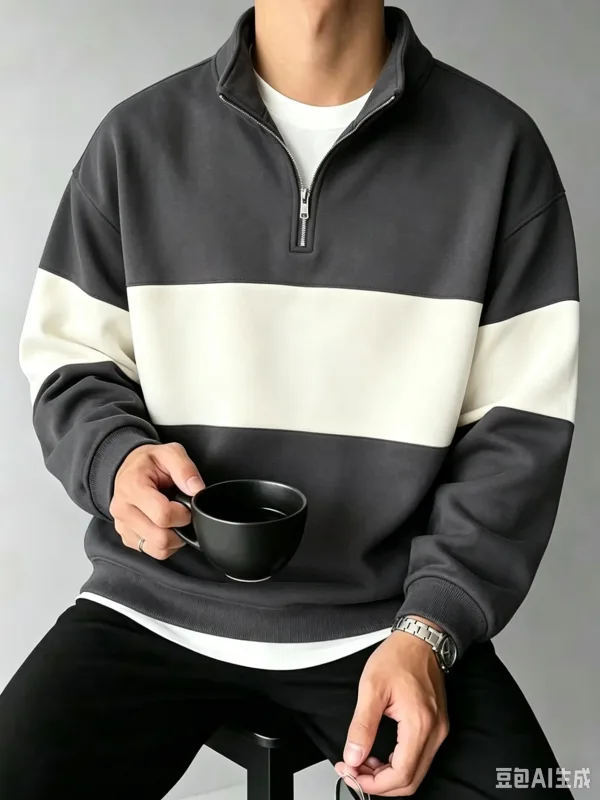 Autumn and Winter Color Blocking printed Men's Clothes Casual Half Zip Long Sleeve Sweatshirts Street Trend Stand Collar Hoodies