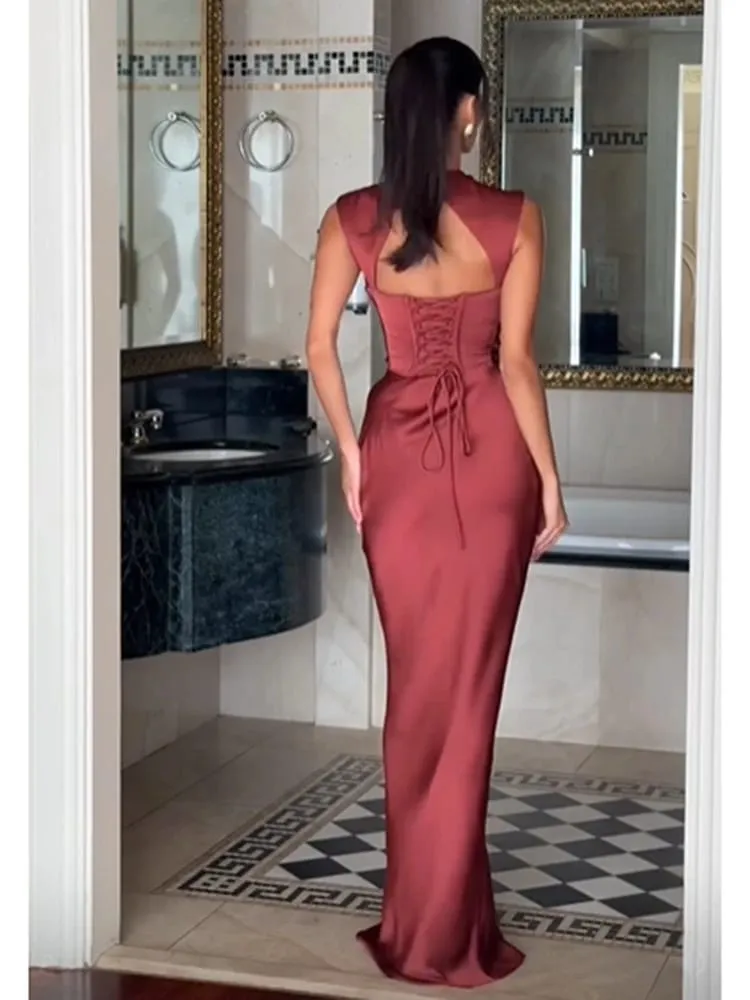 Ruched Waist Satin Long Dress Solid Bodycon Sleeveless Cowl Neck Fishtail Women Dresses 2026 Summer Lady Formal Evening Gowns — image 2