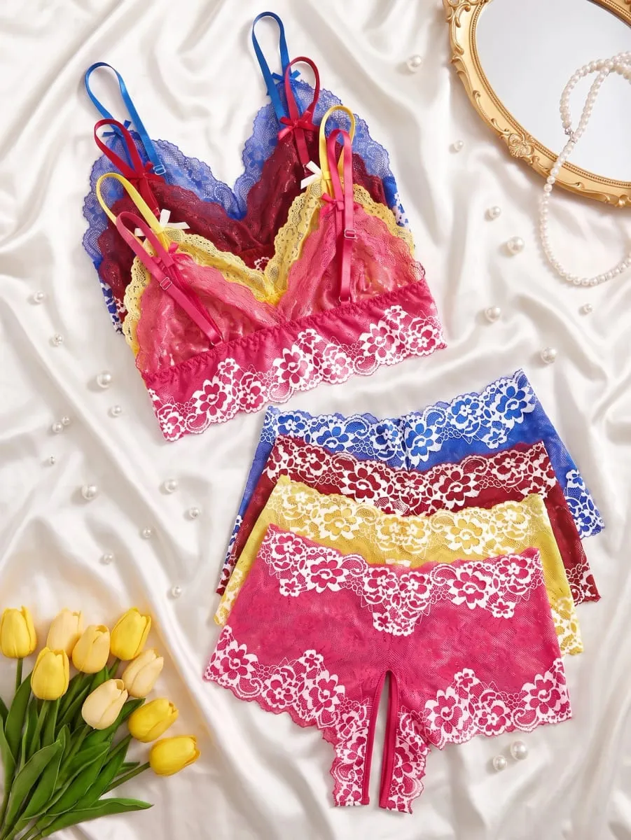 4 Pack Women's Floral Lace Lingerie Set Sexy Bra and Panty Set Wirefree Bralette Underwear Bow Spaghetti Strap Sleepwear 2026