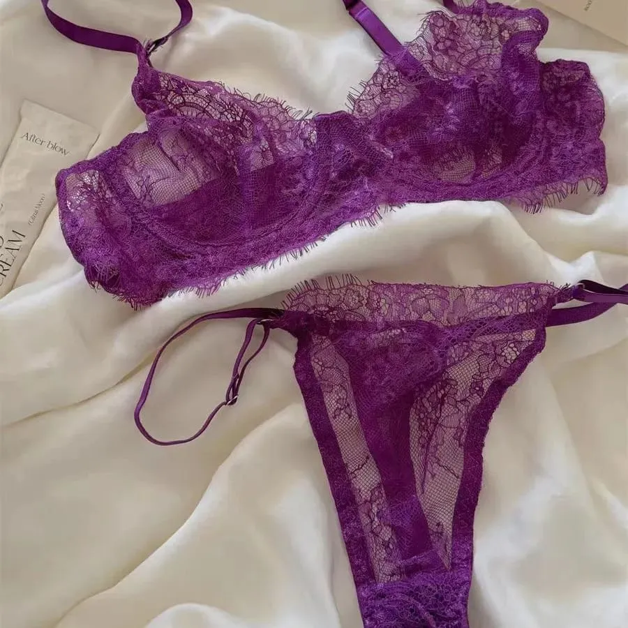 Sheer Lace Lingerie Set Women Floral Pattern Thin Straps Romantic Underwear — image 4