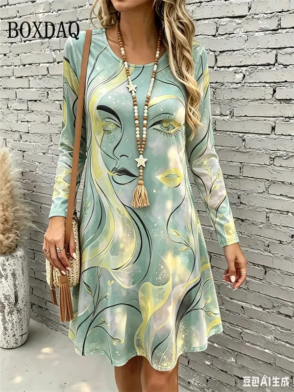 2026 New Women's Dresses Autumn Fashion Streetwear Abstract Painting Floral Print Dress Casual Long Sleeve Loose A-Line Dress — image 3
