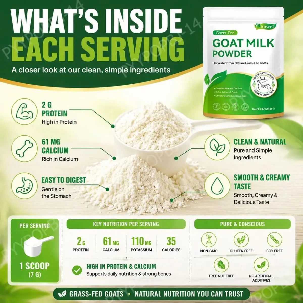 Itawel Goat Milk Nutrition Powder Supplement Grass-Fed Calcium & Protein Support Gluten-Free Easy to Mix 220g 32 Servings