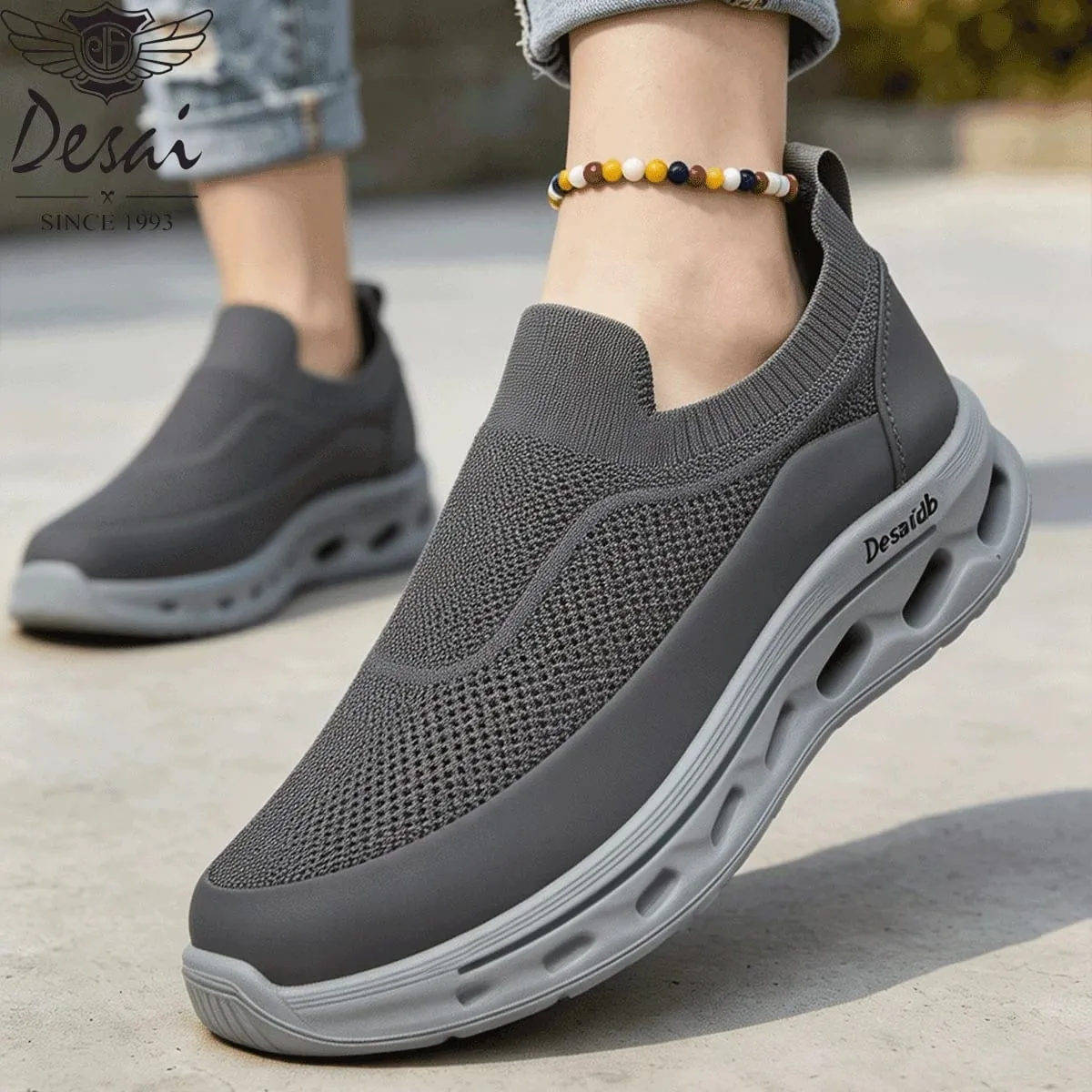 Desai Herren-Sneaker zum Hineinschlüpfen mit gestrickten Socken und breiter Breite, hohle Sohle, atmungsaktiv, leicht, Wanderschuhe, tägliches Pendeln im Freien