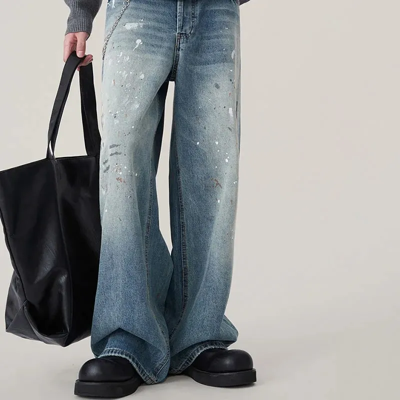 Autumn Korean Splashed Ink Jeans Men'S Straight Leg Pants Fashionable High Street Retro Loose Wide Leg Pants Design Pants — image 8