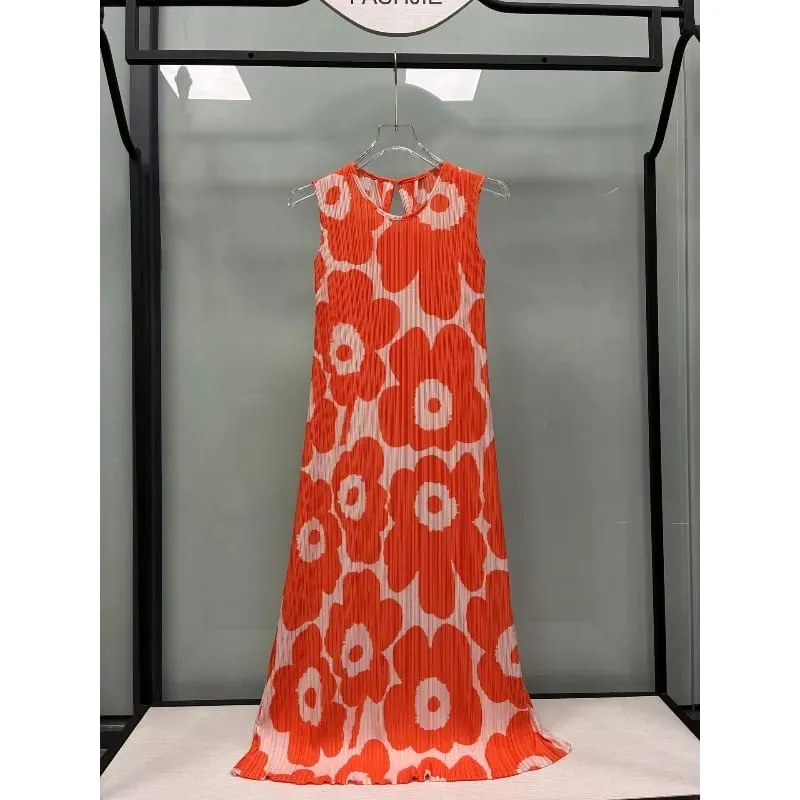 Miyake Pleated Sleeveless Dresses Plisse 2026 Summer New Loose Plus Size Fashion Casual Slimming Pleats Fold Printed Long Dress
