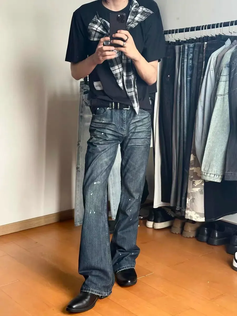 Cleanfit Style Heavyweight Bootcut Men's Jeans Faded Dyeing Slim Fit Distressed Long Trousers Casual Fashion