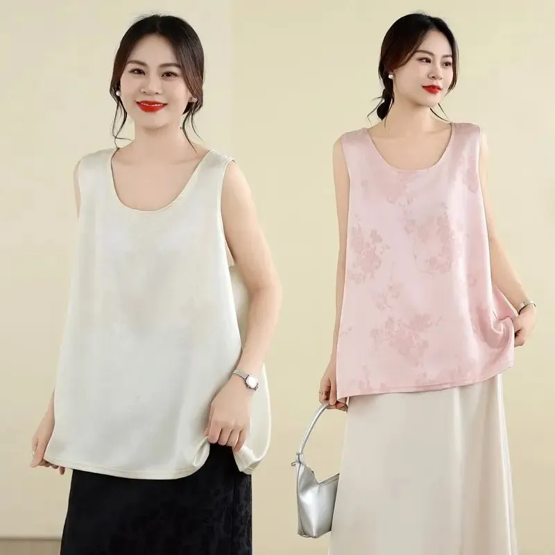 New Chinese Style Jacquard Satin Tank Top Middle Aged Women Loose U Neck Sleeveless Blouse Elegant Acetate Vest For Moms — image 8