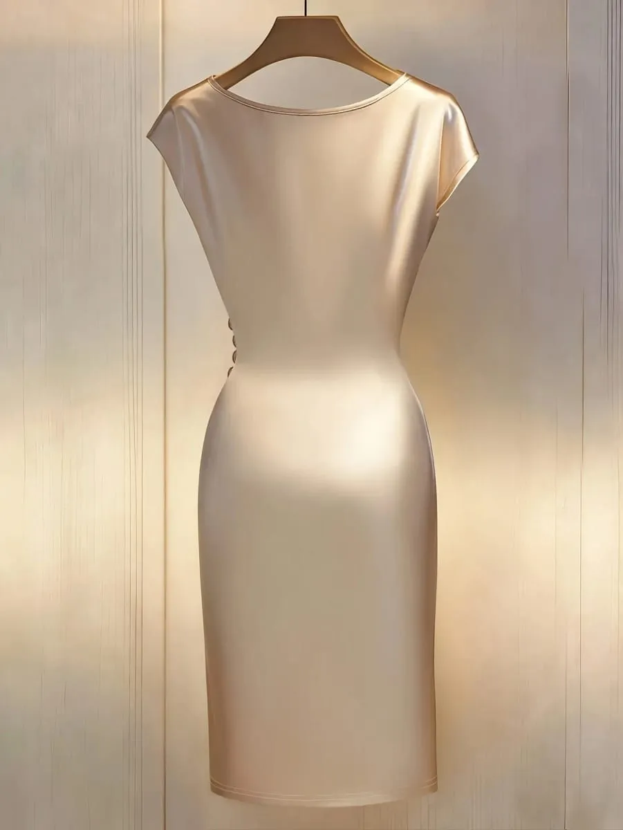 Women'S New V-Neck Short Sleeve Pleated Waist Button-Decorated Side Slit Fitted Dress Satin Dress Elegant Women'S Dress Champagn — image 2