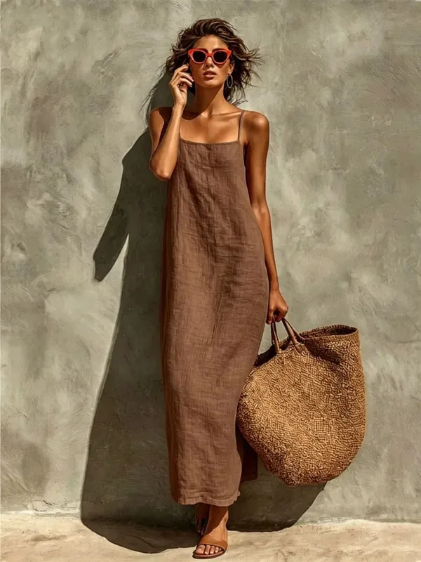 2026 Summer Women Cotton Linen Spaghetti Strap Maxi Dress Solid Color Loose Sleeveless Slip Long Dress Bohemian Beach Vacation S