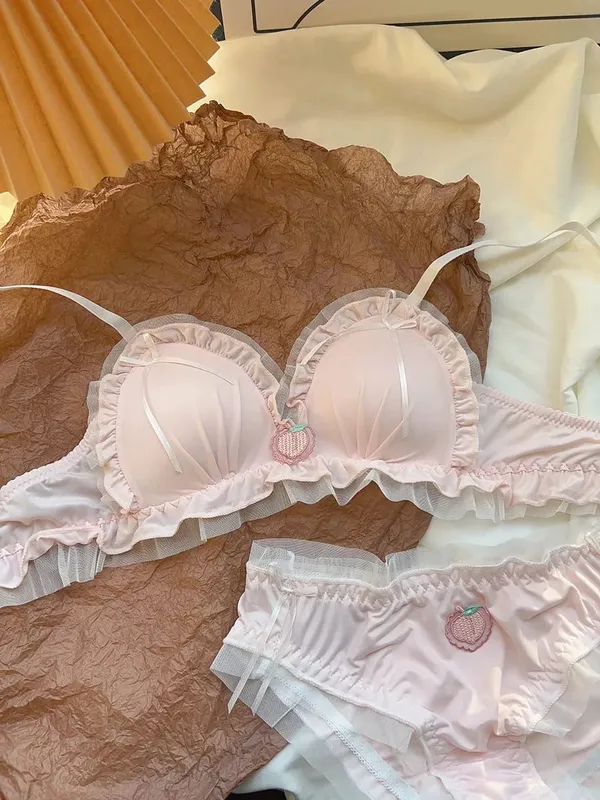 Japanese Kawaii Sweet Lingerie Set French Sheer Mesh Thin Wireless Triangle Cup Bra Panties Set Soft No Underwire 32‑38 Bra Set — image 8