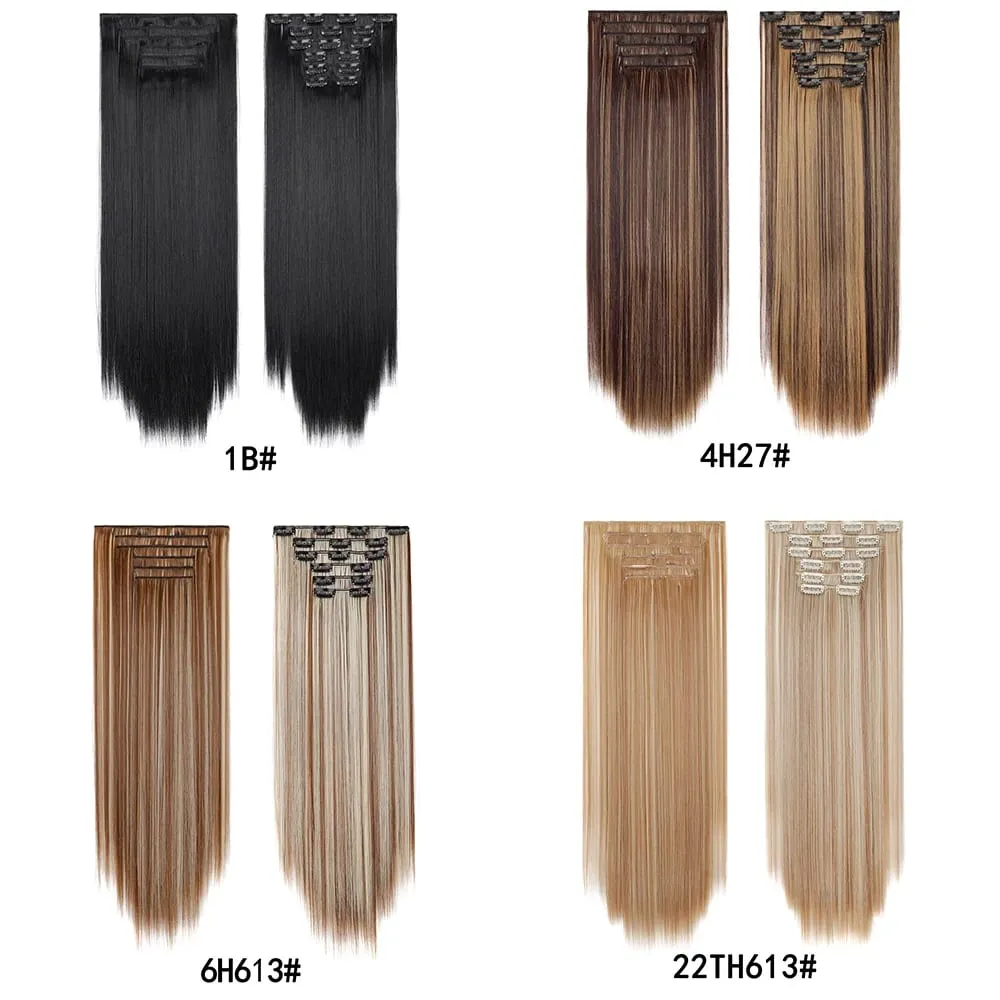 24 Inch 6PCS Clip In Hair Extensions Straight Synthetic Hair Extensions Dark Brown Long Natural Looking Hair Piece for Women