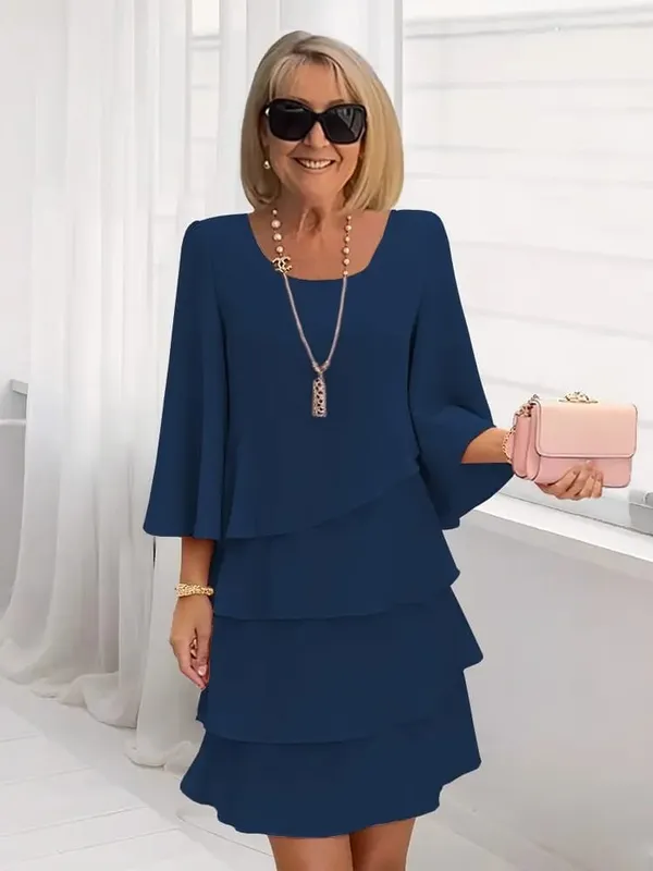 Women's Fashion Cake Skirt 3/4 Bell Sleeve Crewneck Tiered Layered Flowy Dress Party Wedding Outfits — image 3