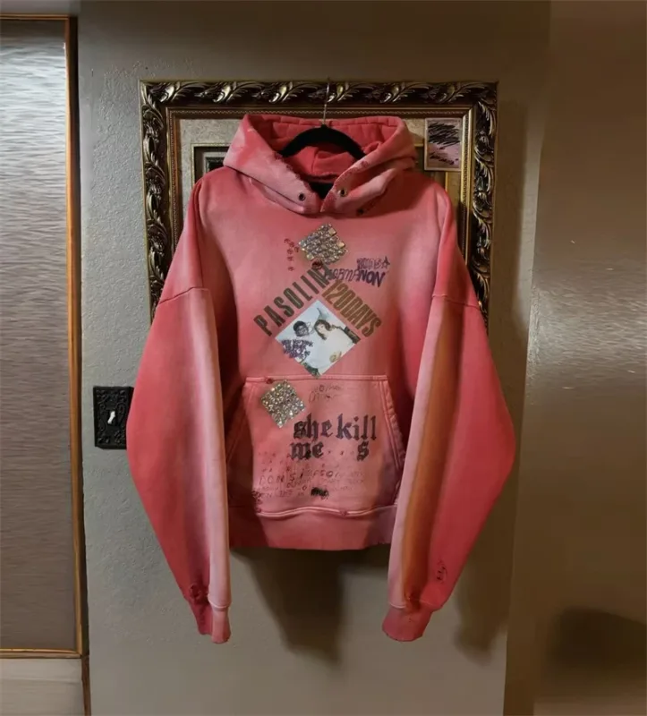 Autumn Winter New PH Hand-beading Print Vintage Washed High Street Casual Loose Cotton Versatile Hoodie Trendy Sports Top Men — image 3