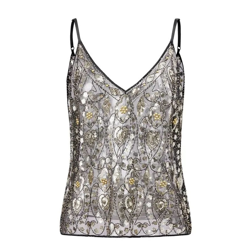 Floral Geometric Sparkly Tank Tops Women Sheer Mesh Sequin Camis V Neck Spaghetti Strap Y2K Club Night Out Festival Party Vest