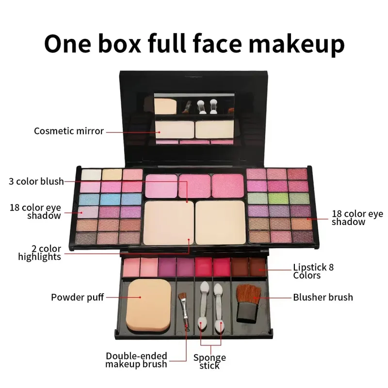 Makeup presentset för kvinnor komplett kit allt i ett smink ögonbrynspulver läppstift läppglansborste Shimmer Glitter ögonskuggspalett — image 6