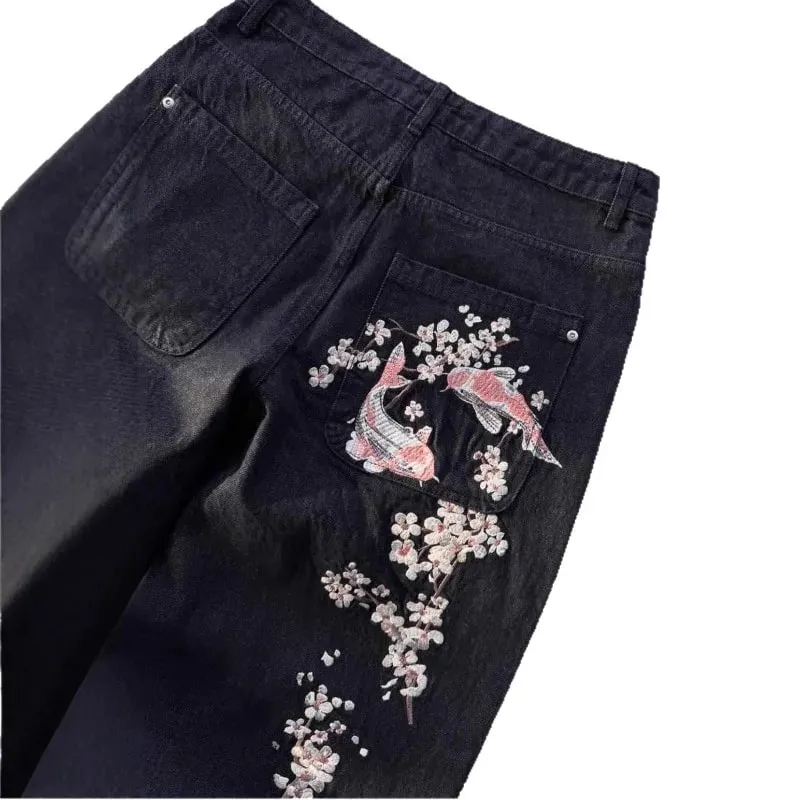 Unisex Jeans Harajuku European American Streetwear Embroidered Denim Pants Vintage Floral Loose Fit Straight Wide Leg Casual New — image 6