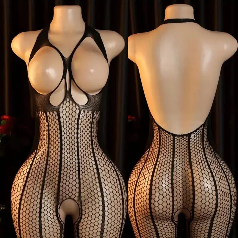 Women's Black Lace Fishnet Halter Neck One-Piece Bodystocking Wireless Unlined Stretch Mesh Lingerie One Size 8 Styles — image 11