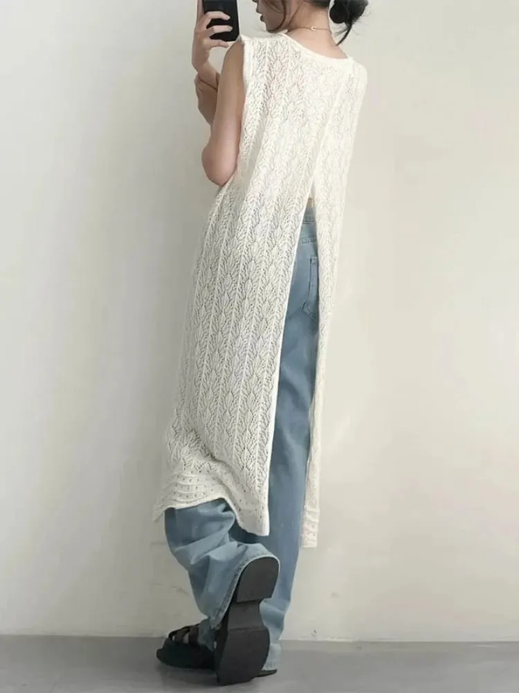 Zjaiss Women's 2026 Early Spring Japanese Retro Sweet Sweater Dresses Hollow Out Knit Irregular Long Sleeveless Vest Dress — image 6