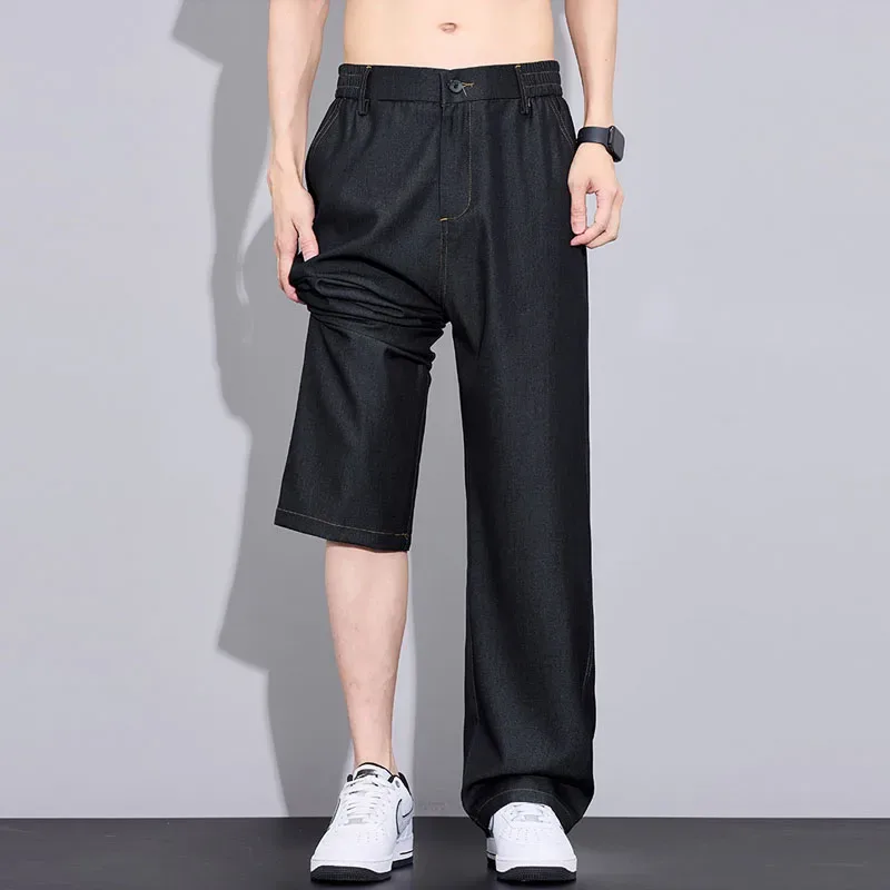 Men's Summer Lyocell Thin Wide Leg Jeans Ice Silk Cool Breathable Elastic Waist Casual Streetwear Denim Pants Daily Wear for Men — image 3