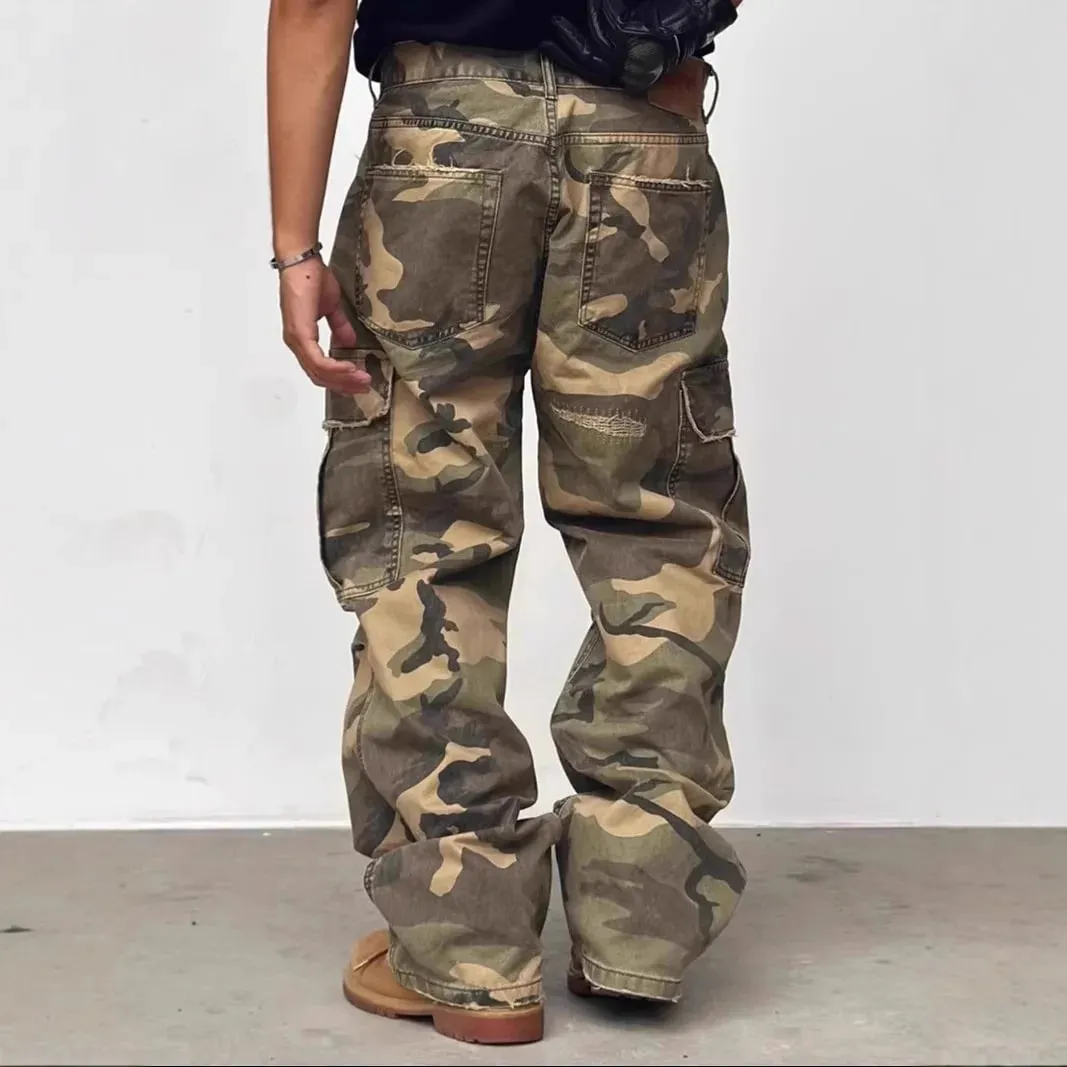 American Street Style Washed Camouflage Workwear Jeans Hole Straight Leg Spring Autumn Casual Cotton Trendy Long Pants — image 3