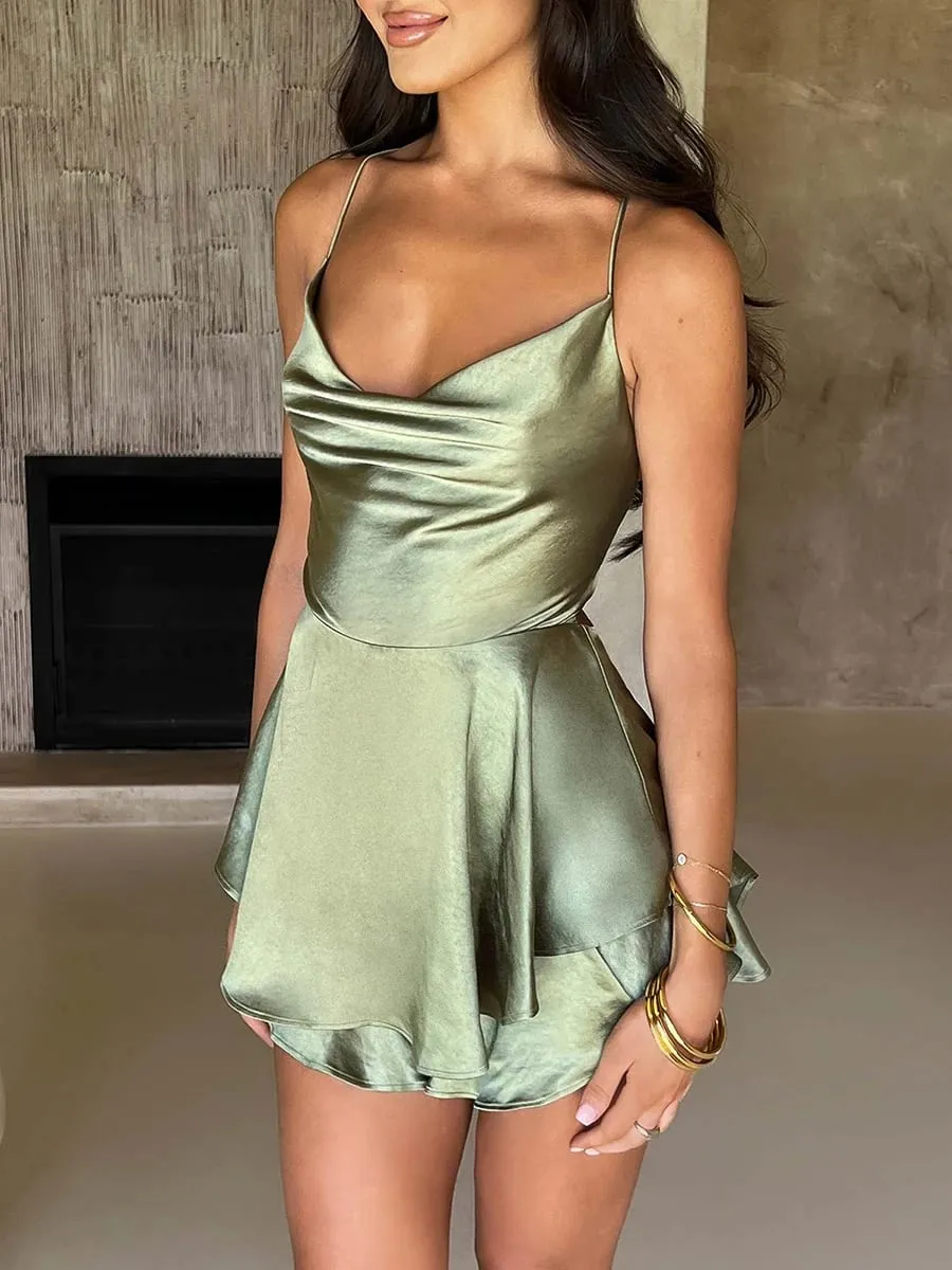 Satin Seide Frauen Sexy Cami Playsuits Kleid Solide Wasserfallausschnitt Ärmellose Kurze Overalls Sommer Kreuz Tie-Up Backless Strampler — image 4