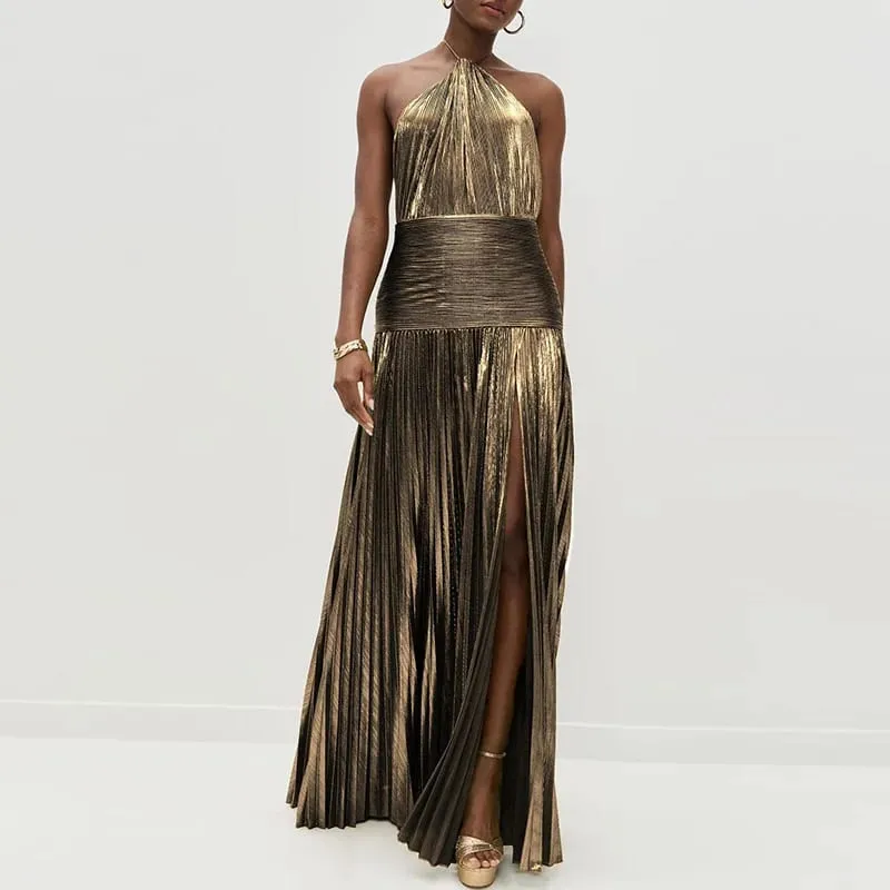 Gold Sexy Halter High Split Gowns Evening Dress Woman Chic Solid Hollow Pleated Long Dress Spring Summer Backless Zip Maxi Dress — image 15