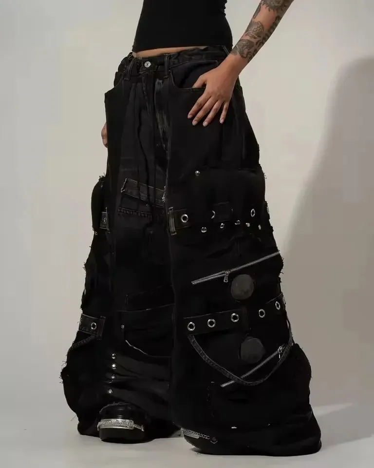 Streetwear Casual Black Cargo Jeans Men Heavy Buckle Strap Stud Zip Pocket Distressed Oversized Wide Leg Fashion Pants Y2K — image 4