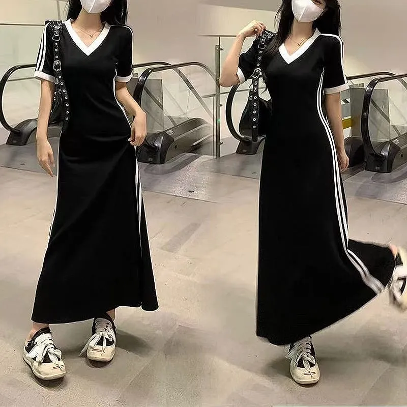Women Autumn Midi Dress Fashion Patchwork V-Neck Short Sleeve Black Long Skirt High Waist A-Line Dress Sports Ankle-length Dress — image 2